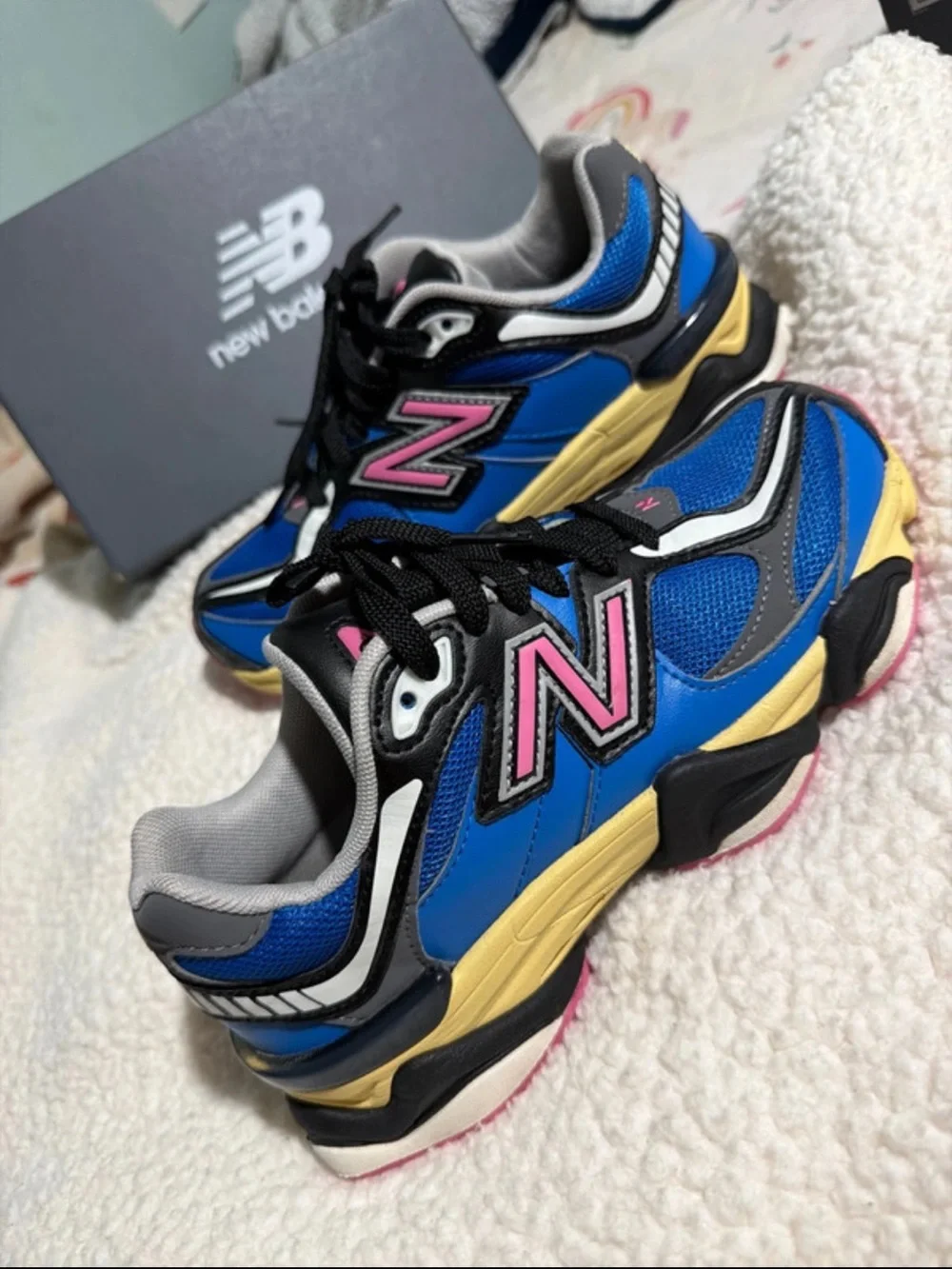 New Balance Kids Royal Blue Sneakers with Pink and Yellow Accents